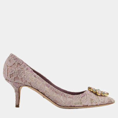Pre-owned Dolce & Gabbana Lilac Lace Heels With Crystal Flower Detail Size Eu 40 In Pink