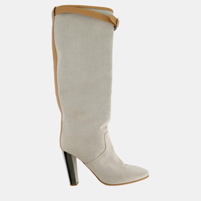 Pre-owned Hermes Stone Canvas Knee High Boots With Tan Buckle Detail Size Eu 38 In Cream