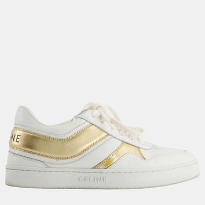 Pre-owned Celine Low Lace-up White Trainers With Gold Detailing Size Eu 37