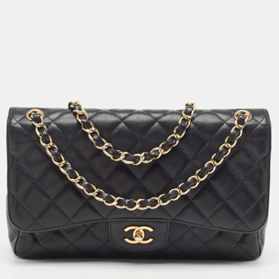 Pre-owned Chanel Black Quilted Caviar Leather Jumbo Classic Double Flap Bag