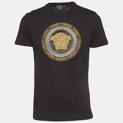 Pre-owned Versace Black Cotton Embellished Medusa Logo T-shirt M