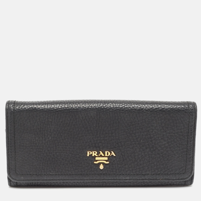 Pre-owned Prada Black Vitello Daino Leather Logo Flap Continental Wallet