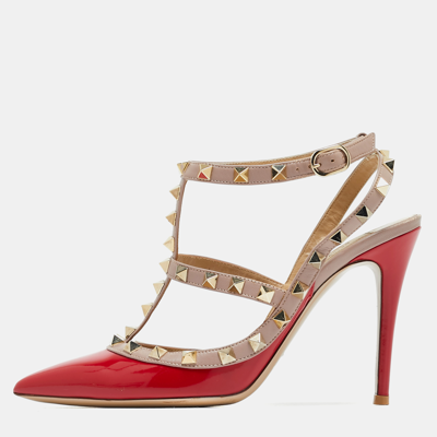 Pre-owned Valentino Garavani Red Patent Leather Rockstud Ankle Strap Pumps Size 37