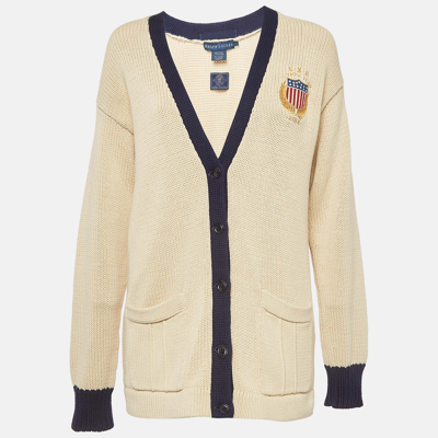 Pre-owned Ralph Lauren Cream Olympic Team Embroidered Knit Cardigan L