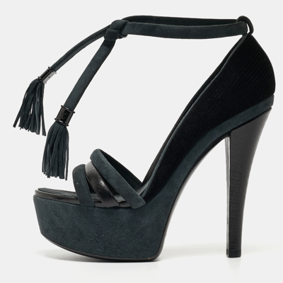 Pre-owned Louis Vuitton Black Suede And Lizard Embossed Leather Tassel Detail Platform Ankle Strap Sandals Size 38.5
