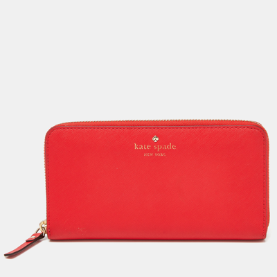 Pre-owned Kate Spade Red Leather Zip Around Continental Wallet