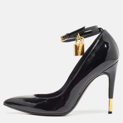 Pre-owned Tom Ford Black Patent Leather Padlock Ankle Wrap Pumps Size 39