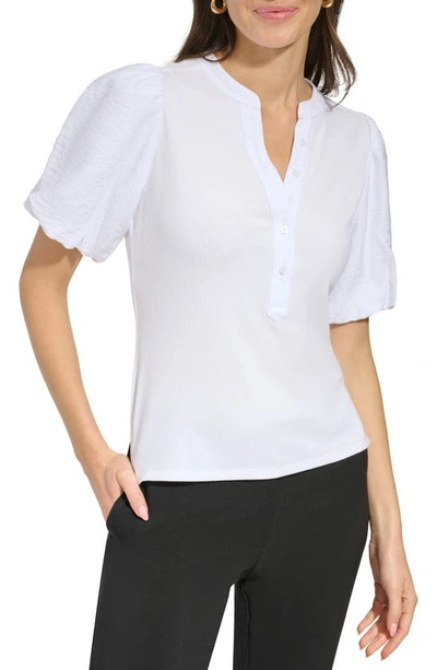Dkny Puff Sleeve Mixed Media Henley Top In Flame