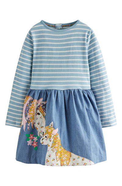 Mini Boden Kids' Appliqué Long Sleeve Dress In Chambray Blue Horses