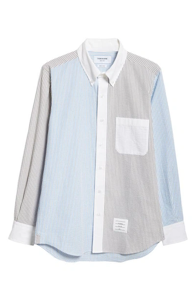 Thom Browne Straight Fit Stripe Cotton Seersucker Button-down Shirt In Medium Grey