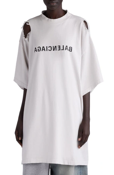 Balenciaga Shredded Oversize Graphic T-shirt In Off White/ Black