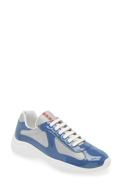 Prada Men's America's Cup Patent Leather Patchwork Sneakers In Royal Blue/silver