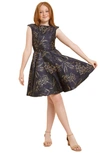 Un Deux Trois Kids' Cap Sleeve Jacquard A-line Dress In Navy