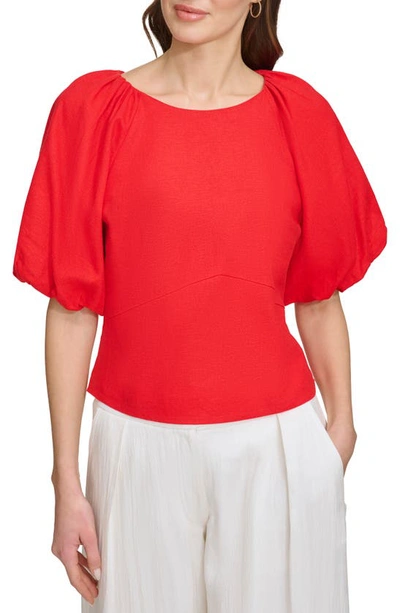 Dkny Sportswear Puff Sleeve Linen Blend Top In Flame