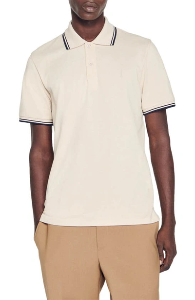 Sandro Cotton Vertical Logo Pique Polo Shirt In Greige