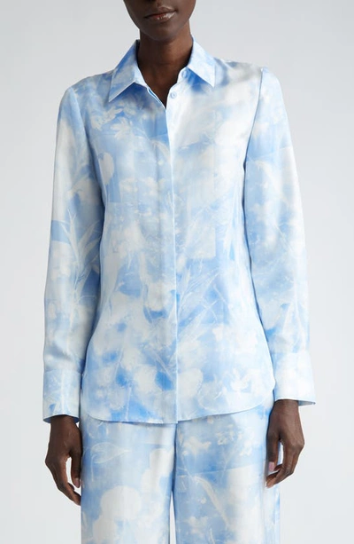 Lafayette 148 Scottie Floral-print Silk Twill Blouse In Sky Blue Multi