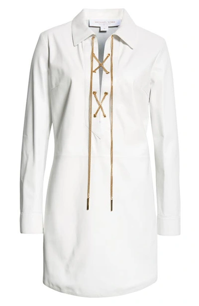 Michael Kors Lace-up Chain Long Sleeve Leather Shirtdress In Optic White