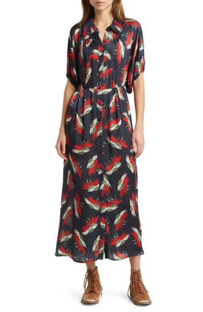 The Great The Raven Floral Short Sleeve Satin Shirtdress In Navy Birds Of Paradsise Print