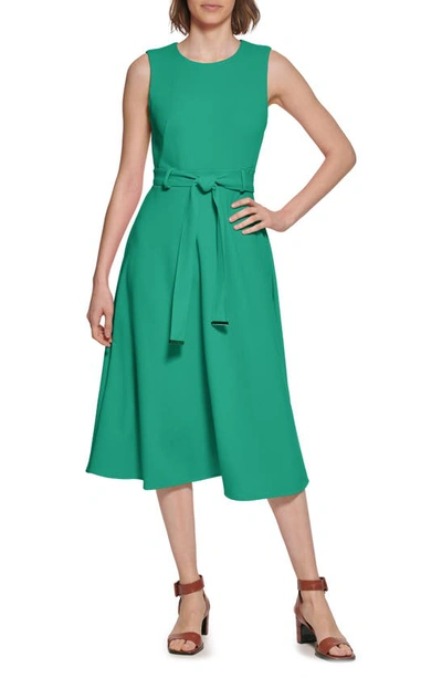 Calvin Klein Sleeveless Belted A-line Midi Dress In Meadow