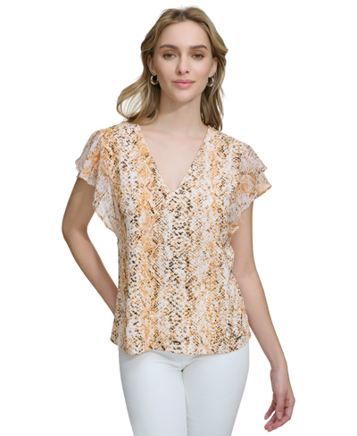 Calvin Klein Women's V-neck Flutter-sleeve Chiffon Top In Turmeric Combo