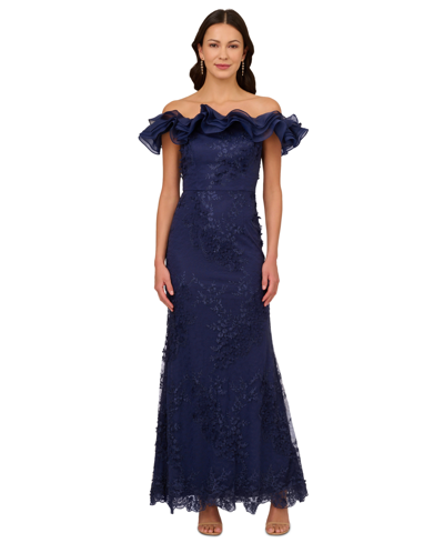 Adrianna Papell Women's Ruffled Off-the-shoulder Mermaid Gown In Light Navy