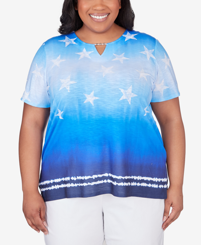 Alfred Dunner Plus Size All American Tie Dye Stars Short Sleeve Tops In Blue