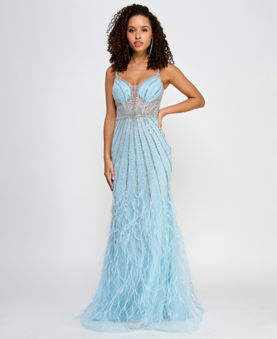 Say Yes Juniors' Rhinestone Feather-trim Illusion Gown, Created For Macy's In Light Blue,crystal