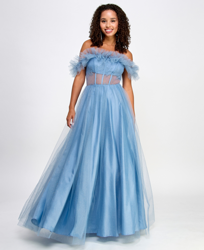 Bcx Juniors' Off-the-shoulder Glitter Tulle Corset Gown, Created For Macy's In Light Blue