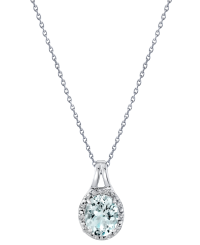 Macy's Aquamarine (2-1/3 Ct. T.w.) & Diamond (1/10 Ct. T.w.) Oval Halo 18" Pendant Necklace In Sterling Sil