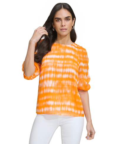 Calvin Klein Women's Printed Ruched-sleeve Textured Top In Turmeric Combo