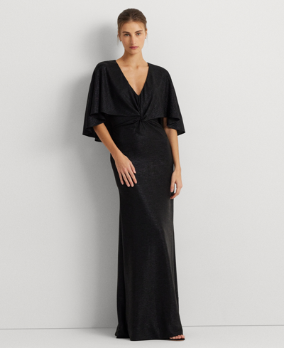 Lauren Ralph Lauren Metallic Knit Twist-front Cape Gown In Black