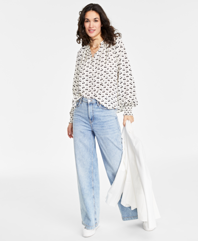 On 34th Trendy Plus Size Printed Smocked Blouse, Created For Macy's In Cannoli Crm Cmb