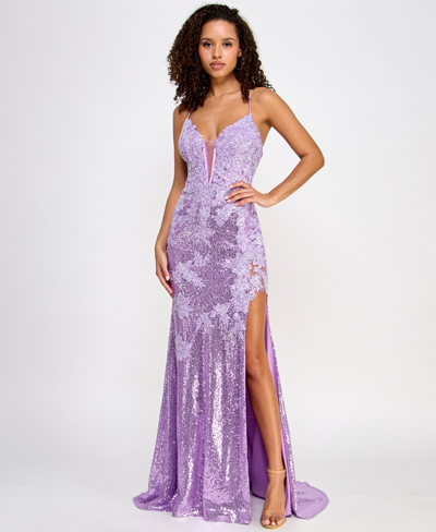 Say Yes Juniors' Floral-sequin High-slit Strappy Gown, Created For Macy's In Lilac,lilac