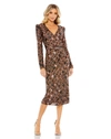 Mac Duggal Diamond Bead Long Sleeve Midi Dress In Chocolate