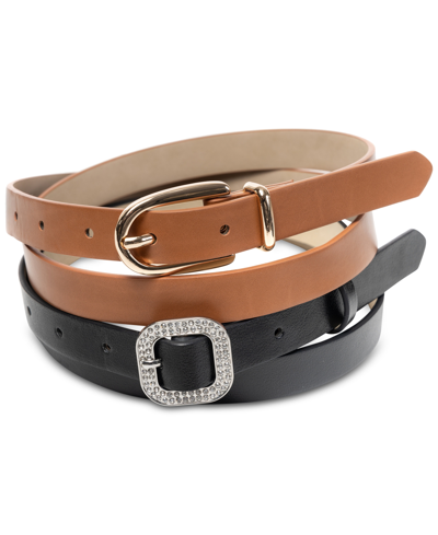 Inc International Concepts Women's Faux-leather Belt Set, Created For Macy's In Black Cognac