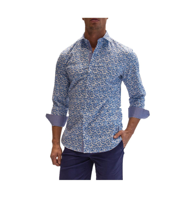 Tailorbyrd Abstract Print Long Sleeve Stretch Cotton Button-up Shirt In Blue