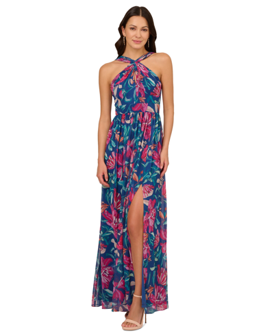 Adrianna Papell Women's Printed Chiffon Halter Gown In Navy Multi