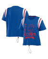 WEAR BY ERIN ANDREWS WOMEN'S WEAR BY ERIN ANDREWS ROYAL DISTRESSED CHICAGO CUBS CINCHED COLORBLOCK T-SHIRT