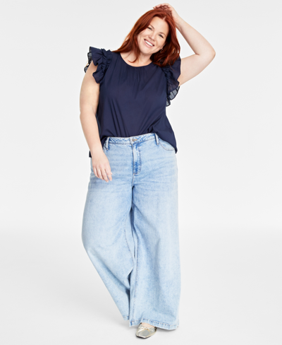 On 34th Trendy Plus Size Flutter-sleeve Blouse, Created For Macy's In Intrepid Blue