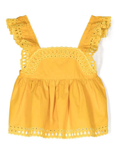 Stella Mccartney Kids' Broderie-anglaise Flared Blouse In Yellow & Orange