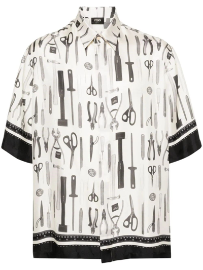 FENDI SHORT-SLEEVED TOOLS PRINT SILK SHIRT