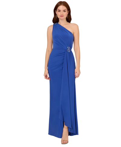 Adrianna Papell Petite One-shoulder Draped Jersey Gown In Brilliant Sapphire