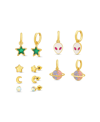 KENSIE 6 PIECE CRESCENT MOON, STAR, ALIEN AND PLANET STUD AND DROP EARRING SET