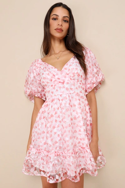Lulus Airy Beauty Pink Floral Burnout Puff Sleeve Tiered Mini Dress