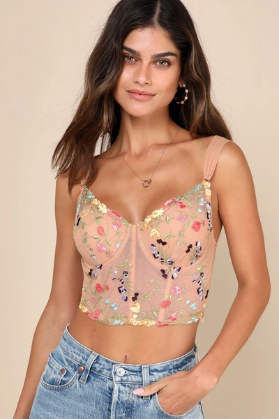 Lulus Sultry Beauty Beige Floral Embroidered Mesh Bustier Top