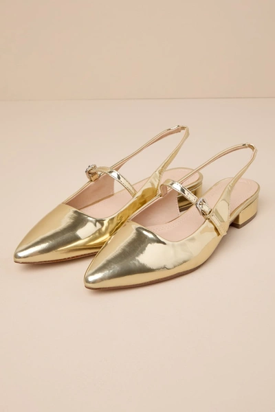 Lulus Letita Gold Patent Pointed-toe Slingback Buckle Flats