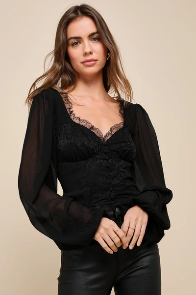 Lulus Flirty Expression Black Lace Balloon Sleeve Button-front Top