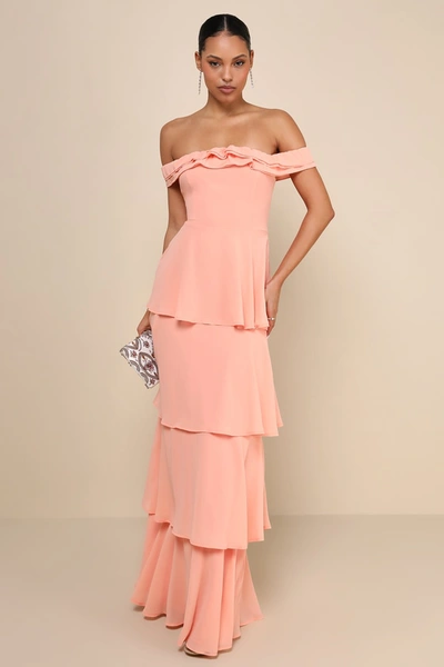 Lulus Delightful Essence Peach Off-the-shoulder Tiered Maxi Dress