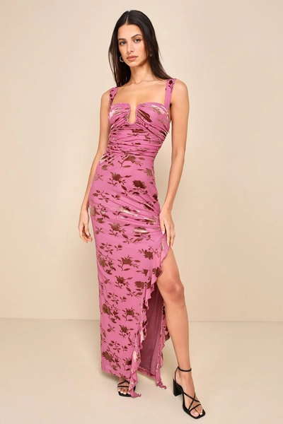 Lulus Dramatic Confidence Mauve Pink Floral Velvet Burnout Maxi Dress