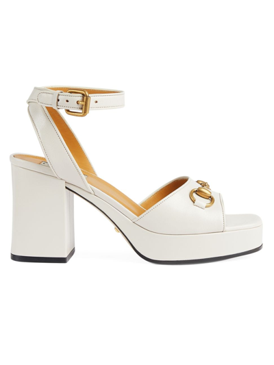 Gucci Women's Lady Horsebit 88mm Leather Platform Sandals In Mystic White